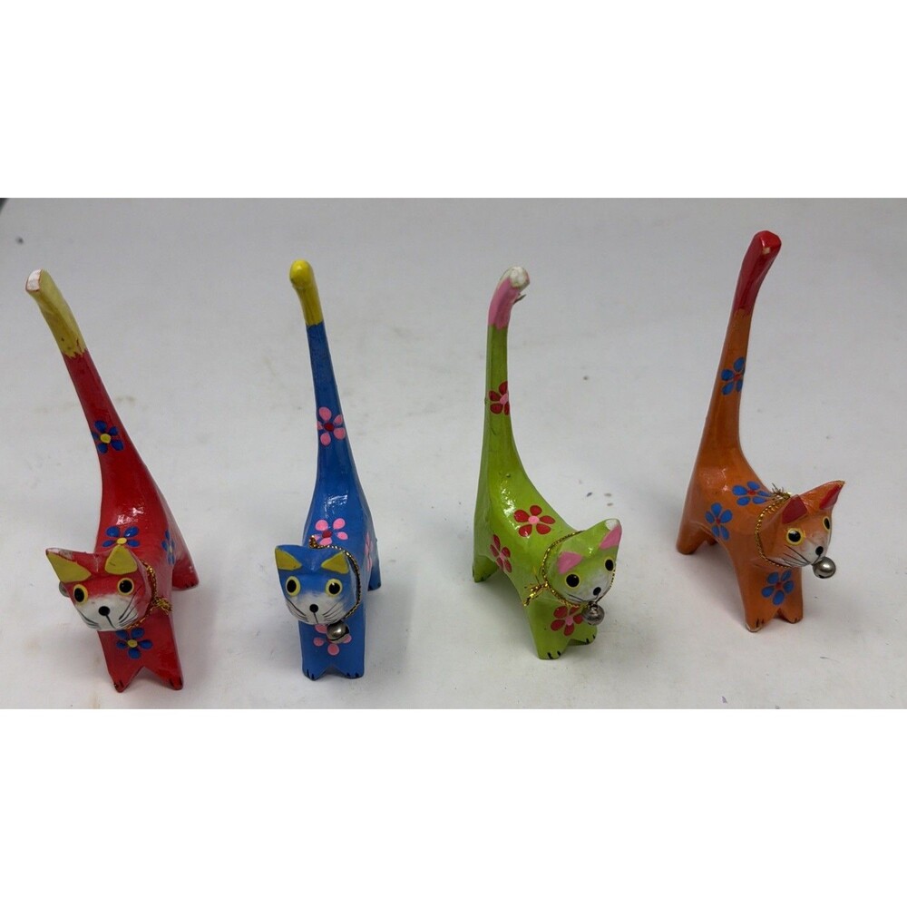 Lot Of 4 Long Tail Cats Light Weight Wood Carved Folk Art Ring Holder 4 Inches